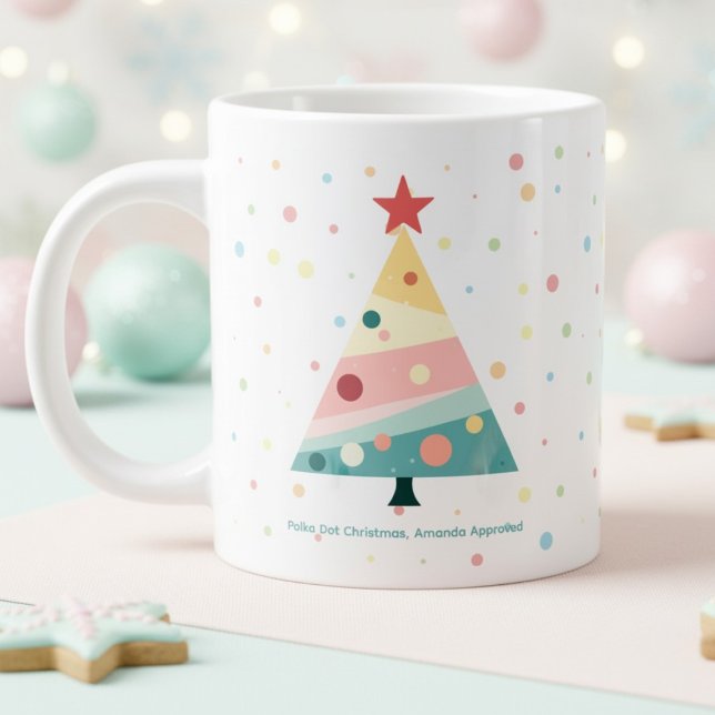 Whimsical Pastel Polka Dot Christmas Tree Large Coffee Mug (Pastel color polka dot Christmas tree mug)
