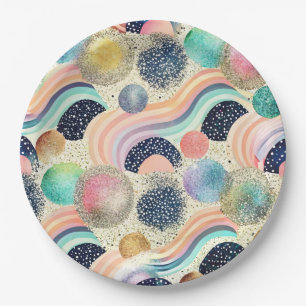 Whimsical Pastel Rainbow Waves & Glitter Abstract  Paper Plate