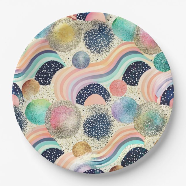 Whimsical Pastel Rainbow Waves & Glitter Abstract  Paper Plate (Front)