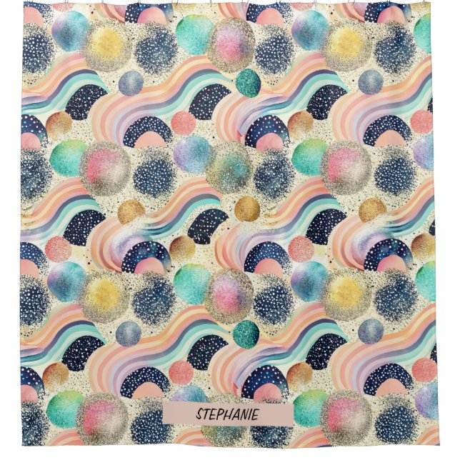 Whimsical Pastel Rainbow Waves & Glitter Abstract  Shower Curtain (Front)