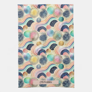 Whimsical Pastel Rainbow Waves & Glitter Abstract Tea Towel