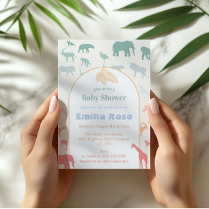 Whimsical Pastel Safari Baby Shower Jungle Animals Invitation