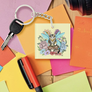 Whimsical Pastel Tabby Fairy Cat Floral Fantasy  Key Ring