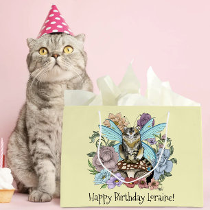 Whimsical Pastel Tabby Fairy Cat Floral Fantasy Large Gift Bag