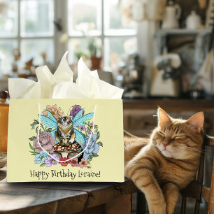Whimsical Pastel Tabby Fairy Cat Floral Fantasy  Large Gift Bag