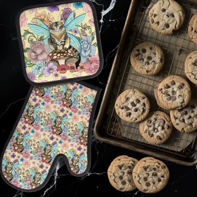 Whimsical Pastel Tabby Fairy Cat Floral Fantasy  Oven Mitt & Pot Holder Set (Creator Uploaded)