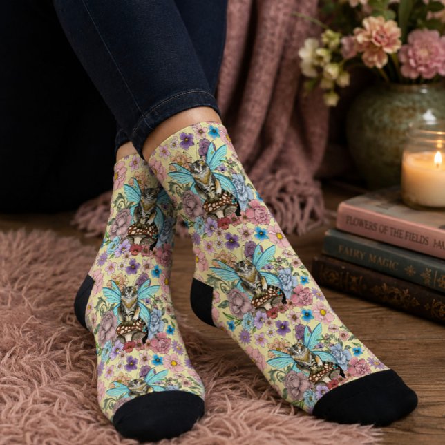 Whimsical Pastel Tabby Fairy Cat Floral Fantasy  Socks (Creator Uploaded)