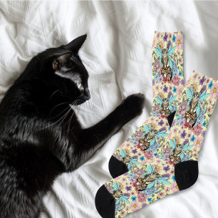 Whimsical Pastel Tabby Fairy Cat Floral Fantasy Socks