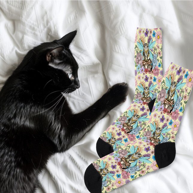 Whimsical Pastel Tabby Fairy Cat Floral Fantasy  Socks (Creator Uploaded)