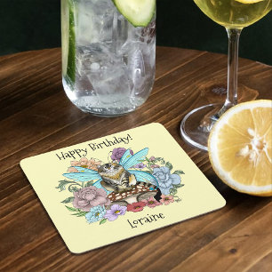 Whimsical Pastel Tabby Fairy Cat Floral Fantasy Square Paper Coaster