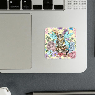 Whimsical Pastel Tabby Fairy Cat Floral Fantasy Square Sticker