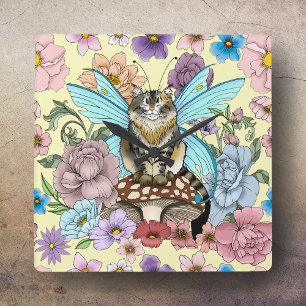 Whimsical Pastel Tabby Fairy Cat Floral Fantasy  Square Wall Clock