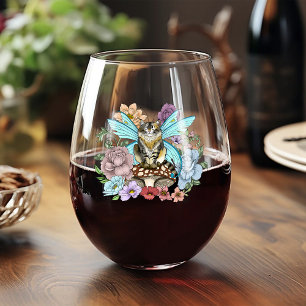 Whimsical Pastel Tabby Fairy Cat Floral Fantasy Stemless Wine Glass