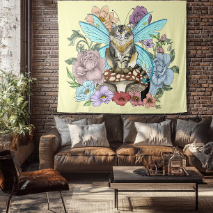 Whimsical Pastel Tabby Fairy Cat Floral Fantasy Tapestry