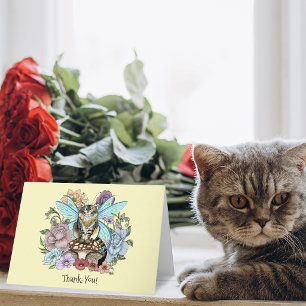 Whimsical Pastel Tabby Fairy Cat Floral Fantasy Thank You Card