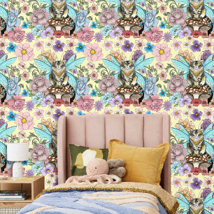 Whimsical Pastel Tabby Fairy Cat Floral Fantasy Wallpaper