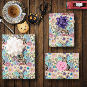 Whimsical Pastel Tabby Fairy Cat Floral Fantasy Wrapping Paper Sheet