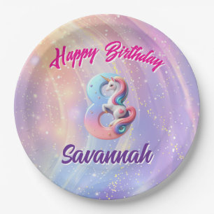 Whimsical Pastel Unicorn 8 Birthday Party Paper Plate