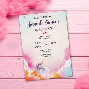 Whimsical Pastel Unicorn Cloud Girly 10th Birthday Invitation