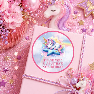 Whimsical Pastel Unicorn Girl Birthday Party Stick Classic Round Sticker