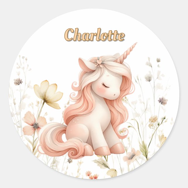 Whimsical pastel unicorn wildflower classic round sticker (Front)