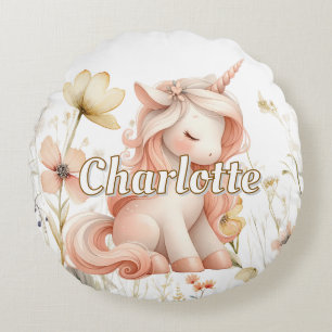 Whimsical pastel unicorn wildflower round cushion