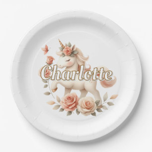 Whimsical pastel unicorn with roses paper plate