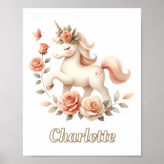 Whimsical pastel unicorn with roses poster (Front)