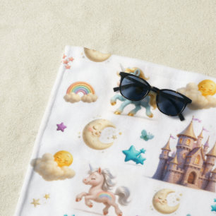 Whimsical Pastel Unicorns and Castles Fantasy Beach Towel