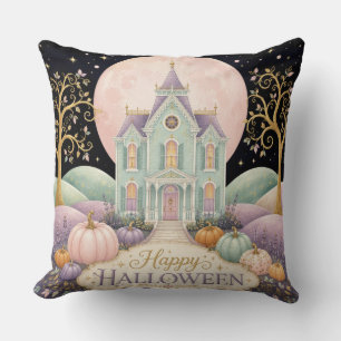 Whimsical Pastel Victorian Haunted House Halloween Cushion
