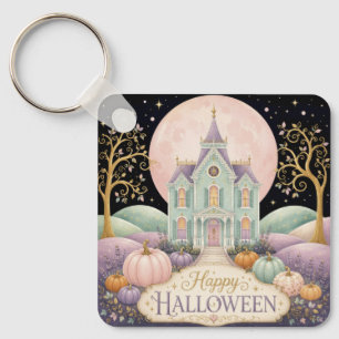 Whimsical Pastel Victorian Haunted House Halloween Key Ring