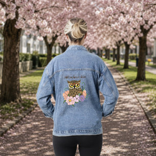 Whimsical Pastel Vintage Owl Flowers Spring Blue Denim Jacket