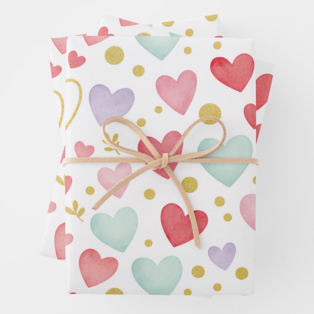 Whimsical Pastel Watercolor Heart & Gold Leaf Wrapping Paper Sheet (In situ)