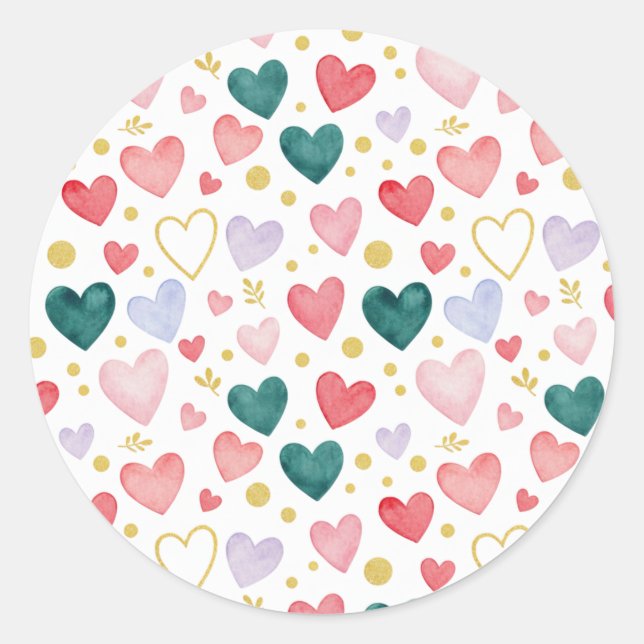 Whimsical Pastel Watercolor Hearts & Gold Leaf Classic Round Sticker (Front)