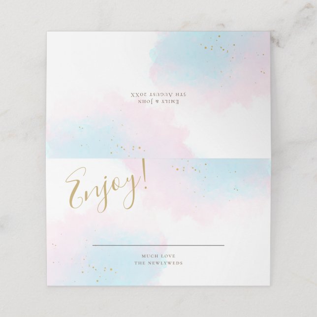 Whimsical Pastel Watercolor Pink Blue Gold Wedding Place Card (Outside Unfolded)