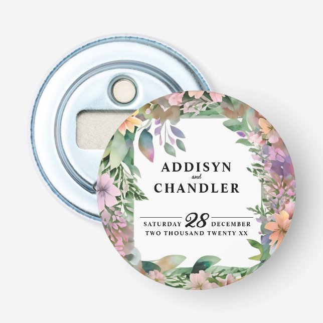 Whimsical Pastel Watercolor Wildflower Wedding Bottle Opener (Front)