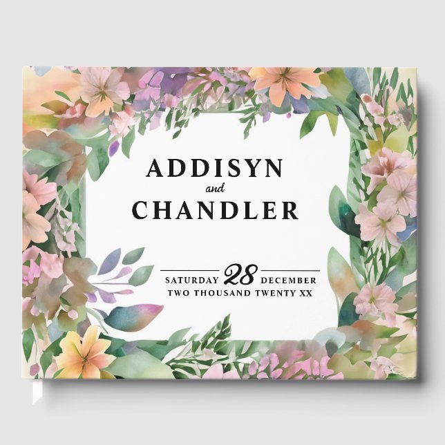 Whimsical Pastel Watercolor Wildflower Wedding Guest Book (Front)
