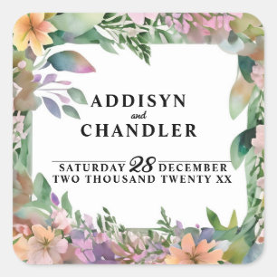 Whimsical Pastel Watercolor Wildflower Wedding Square Sticker