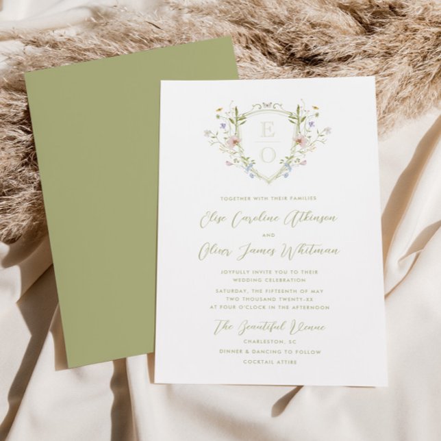 Whimsical Pastel Wildflower Monogram Crest Wedding Invitation (Creator Uploaded)