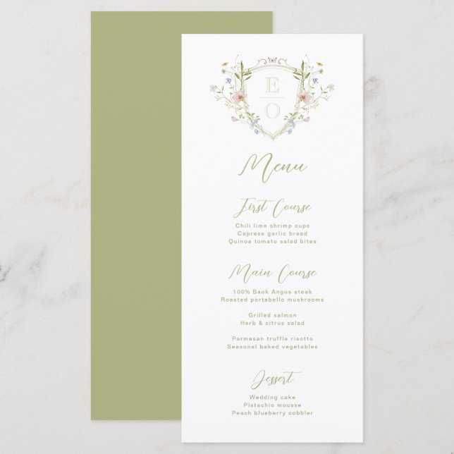 Whimsical Pastel Wildflower Monogram Crest Wedding Menu (Front/Back)