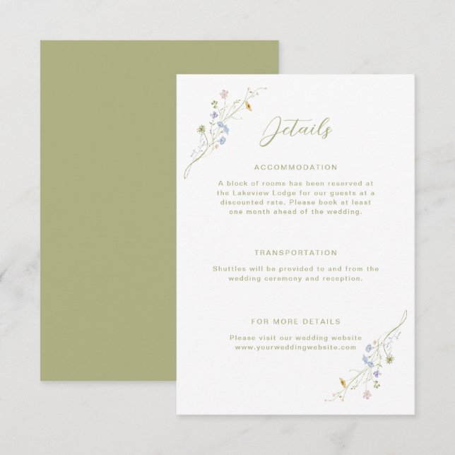 Whimsical Pastel Wildflower Wedding Details Enclosure Card (Front/Back)
