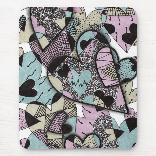 Whimsical Pastel Zentangle Hearts Doodle Pattern M Mouse Mat (Front)