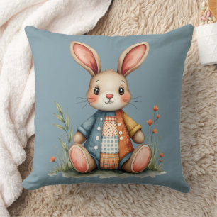 Whimsical Patchwork Bunny Cottagecore Woodland Cushion