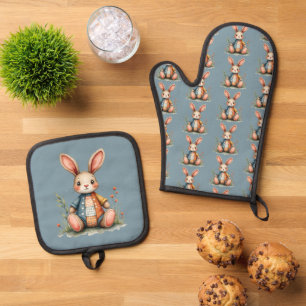 Whimsical Patchwork Bunny Cottagecore Woodland Oven Mitt & Pot Holder Set