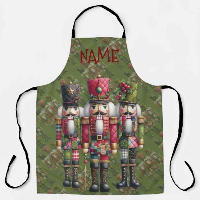 Whimsical Patchwork Christmas Nutcracker Trio Apron (Front)