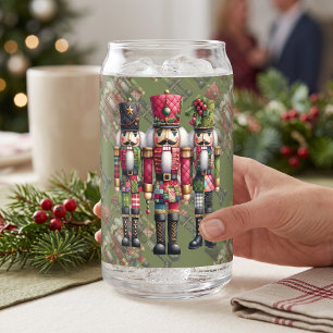 Whimsical Patchwork Christmas Nutcracker Trio Can Glass