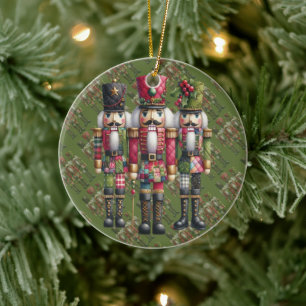 Whimsical Patchwork Christmas Nutcracker Trio Ceramic Tree Decoration