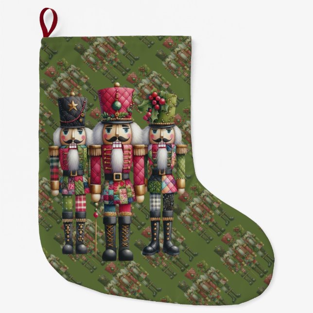 Whimsical Patchwork Christmas Nutcracker Trio Large Christmas Stocking (Front)