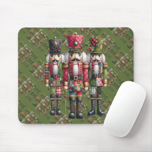 Whimsical Patchwork Christmas Nutcracker Trio Mouse Mat (With Mouse)