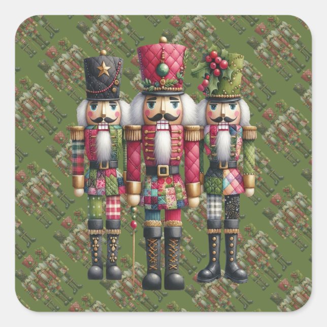 Whimsical Patchwork Christmas Nutcracker Trio Square Sticker (Front)